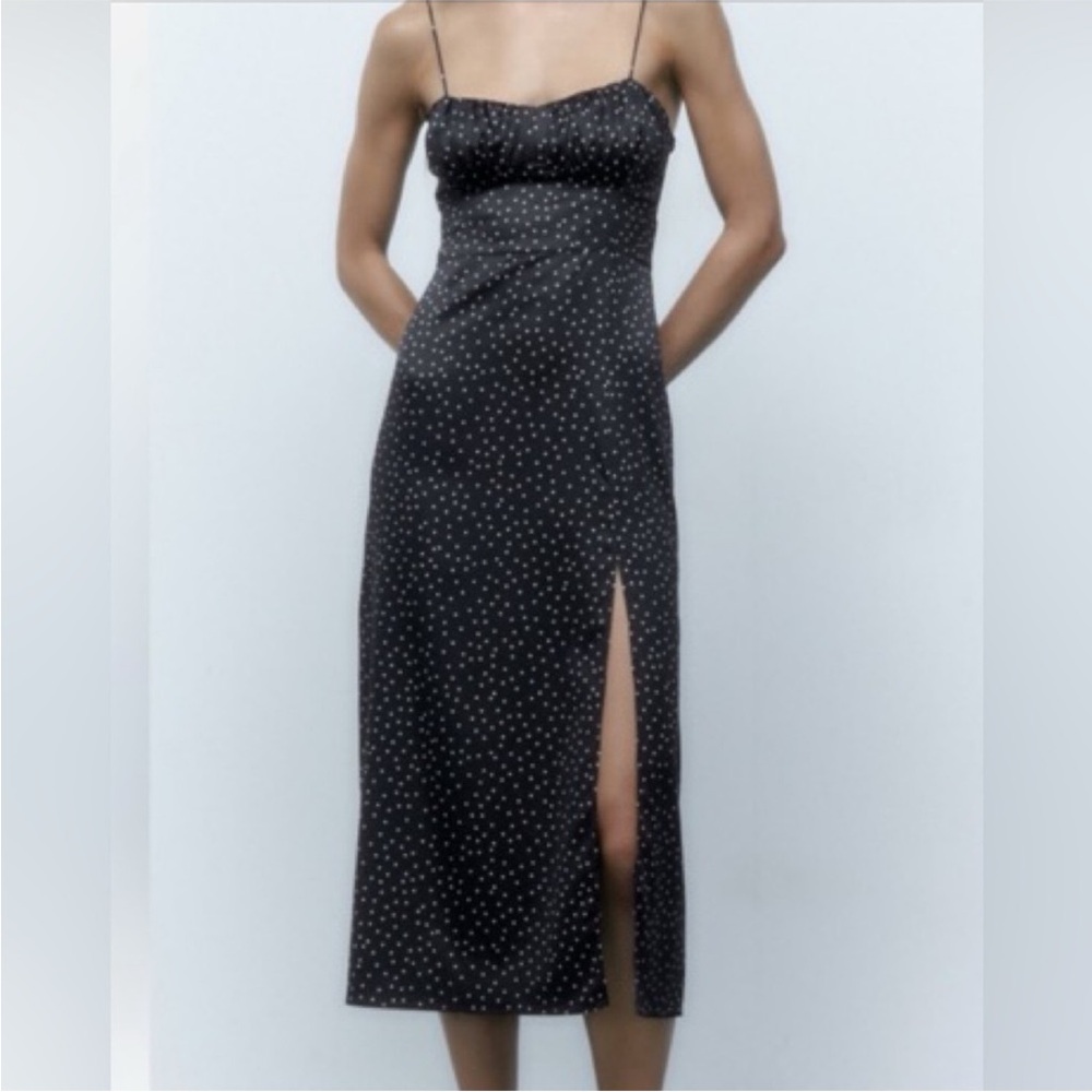 Zara Black white satin polka dot midi dress